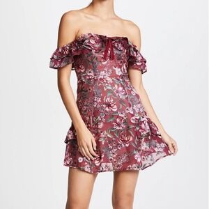 For Love & Lemons Burgundy Silk Blend Floral Off-the-Shoulder Mini Dress XS